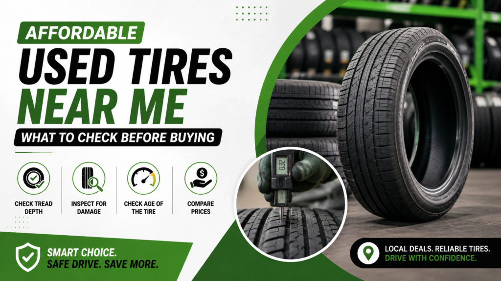 Affordable used tires near me blog image featuring tire inspection tips, tread depth check, tire safety, and smart buying advice in a green, white, and black automotive design.