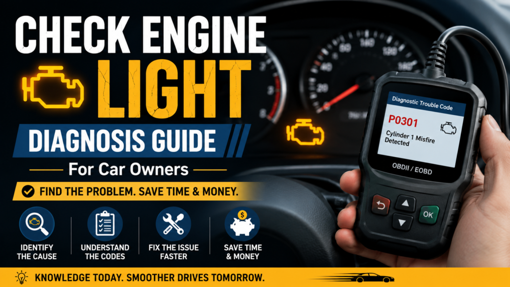 Check Engine Light Diagnosis Guide for Car Owners featuring a vehicle dashboard with an illuminated check engine warning light, an OBD-II diagnostic scanner displaying an error code, and visual icons representing fault detection, code analysis, repairs, and cost savings.