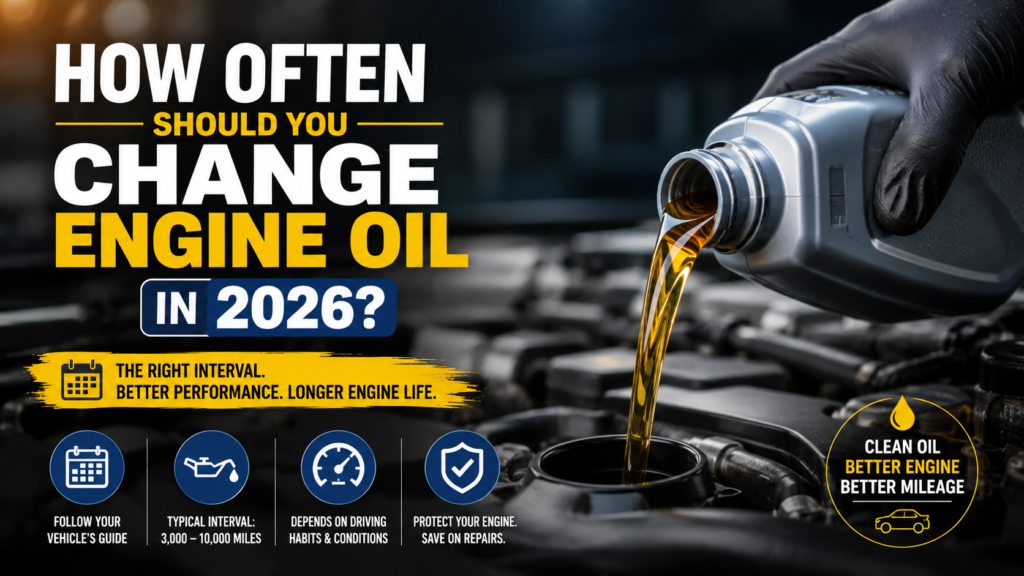 Engine oil change maintenance illustration showing fresh motor oil being poured into a car engine with bold text about how often to change engine oil in 2026.