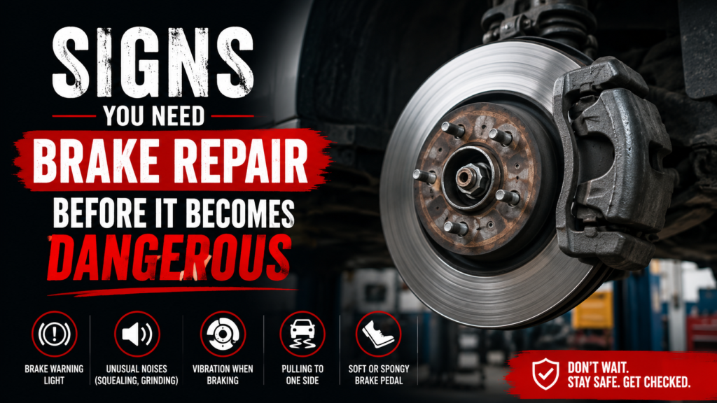 Brake repair warning signs illustration showing a mechanic inspecting worn brake pads and a dashboard brake warning light on a modern car.