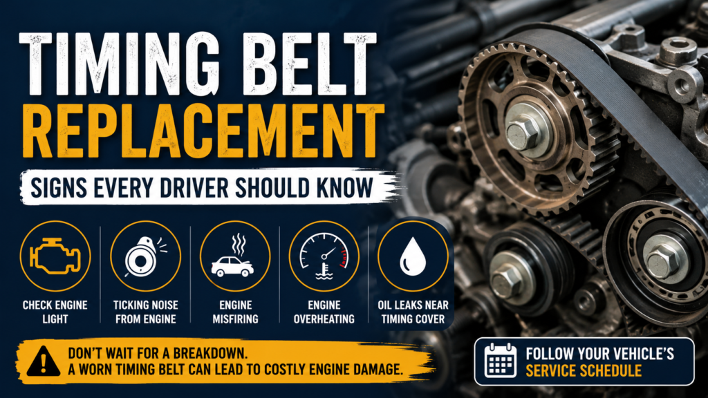 Timing belt replacement guide graphic showing engine components, a worn timing belt warning, and common signs like check engine light, ticking noises, engine misfires, overheating, and oil leaks near the timing cover.