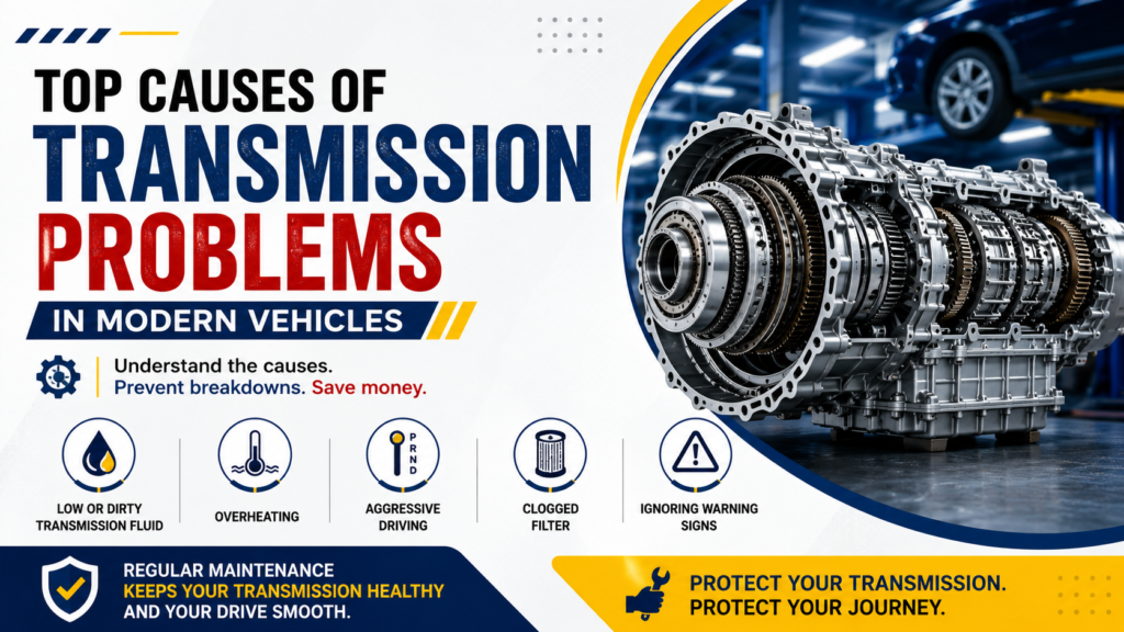 Top causes of transmission problems in modern vehicles infographic showing a car gearbox, low fluid, overheating, dirty filter, aggressive driving, and warning signs.