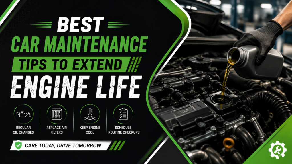 Best Car Maintenance Tips to Extend Engine Life blog banner featuring a mechanic pouring fresh engine oil into a car engine, with maintenance icons highlighting regular oil changes, air filter replacement, engine cooling, and routine checkups in a modern green, black, and white design.