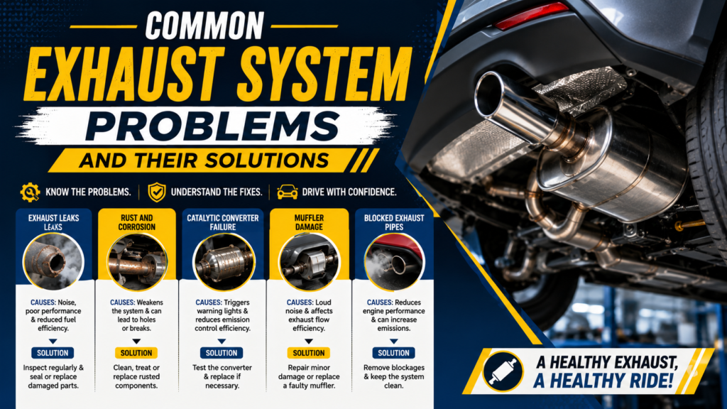 Common Exhaust System Problems and Their Solutions blog banner featuring a close-up of a car exhaust system with a blue, yellow, white, and black design highlighting exhaust leaks, rust, catalytic converter failure, muffler damage, blocked exhaust pipes, and practical repair solutions.