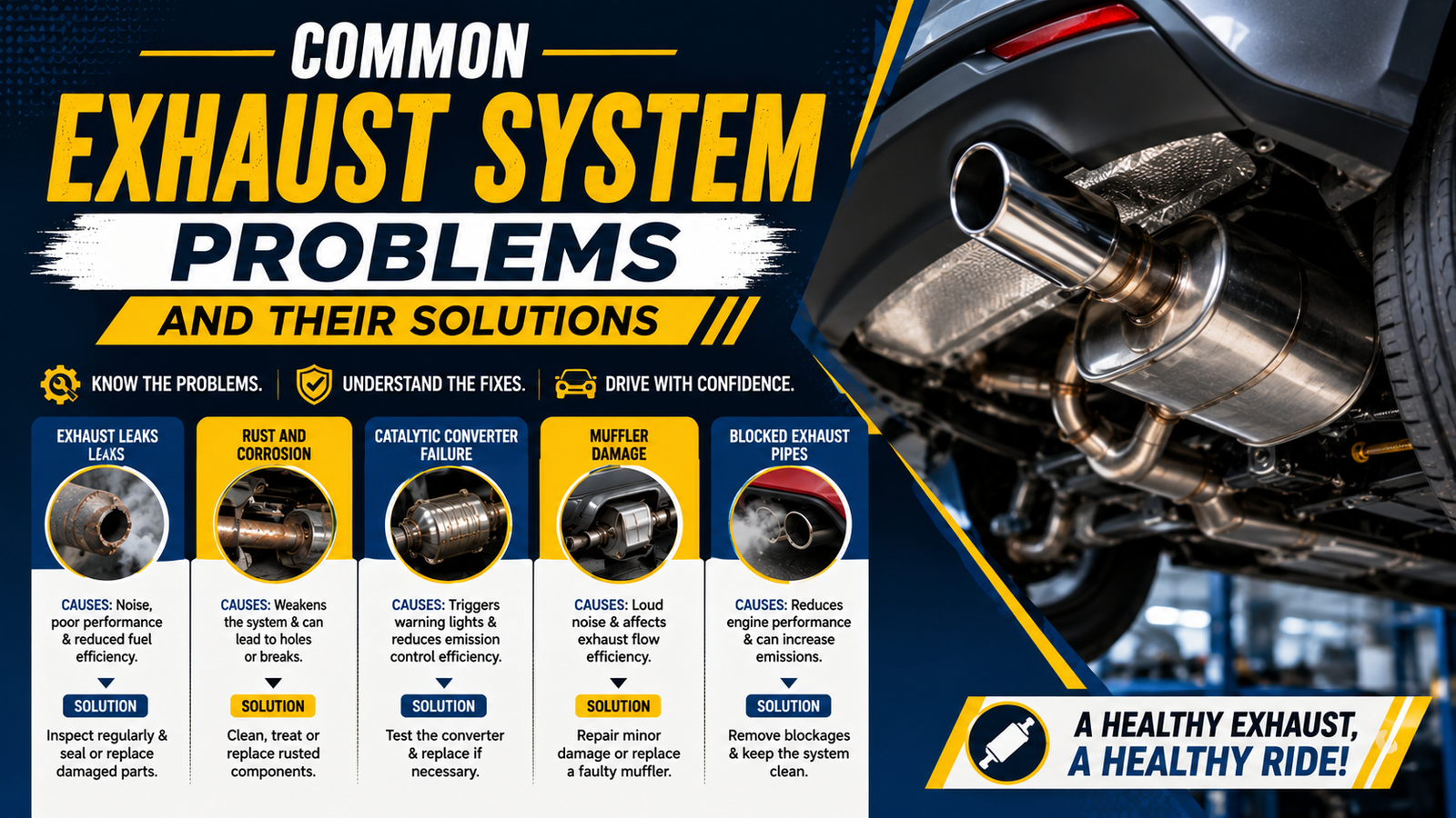 Common Exhaust System Problems and Their Solutions blog banner featuring a close-up of a car exhaust system with a blue, yellow, white, and black design highlighting exhaust leaks, rust, catalytic converter failure, muffler damage, blocked exhaust pipes, and practical repair solutions.