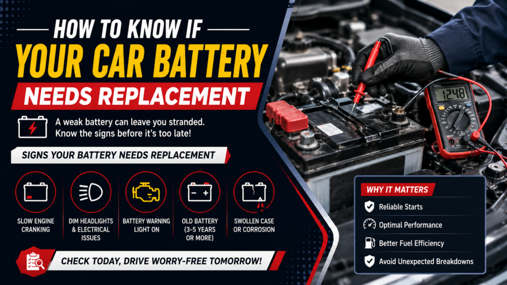 How to Know If Your Car Battery Needs Replacement blog banner featuring a mechanic testing a car battery with a digital multimeter, highlighting warning signs like slow engine cranking, dim headlights, battery warning light, corrosion, and an aging battery in a modern blue, red, black, and white design.