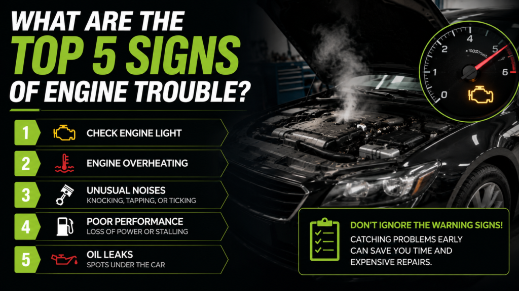 Top 5 signs of engine trouble including check engine light, overheating, unusual noises, poor performance, and oil leaks.