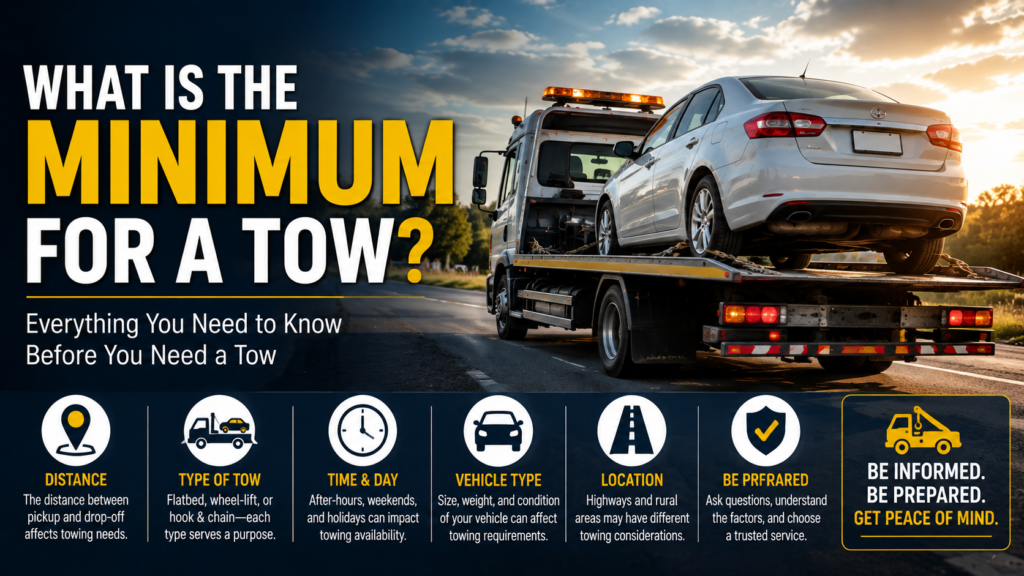 Flatbed tow truck carrying a car on a roadside, illustrating factors that affect towing requirements.