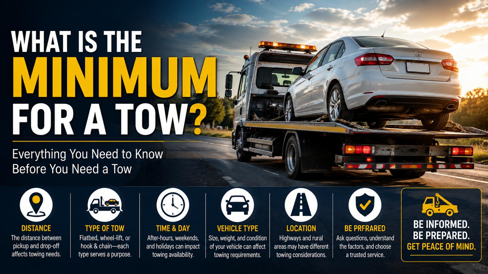 Flatbed tow truck carrying a car on a roadside, illustrating factors that affect towing requirements.