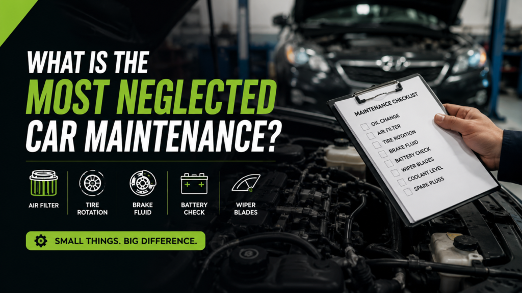 Most neglected car maintenance tasks including air filters, tire rotation, brake fluid, battery checks, and wiper blades.