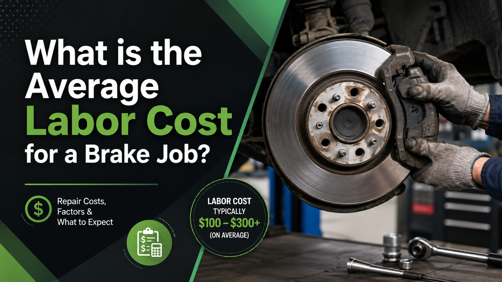 A mechanic servicing a car brake rotor and caliper while explaining average brake job labor costs and repair pricing.
