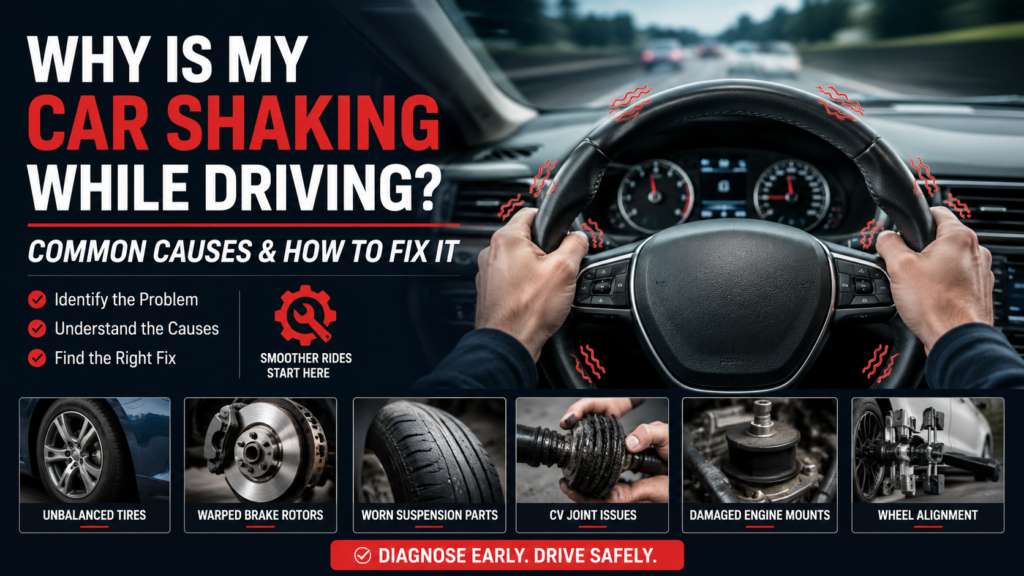 Car shaking while driving with common causes including unbalanced tires, warped brake rotors, worn suspension, and alignment issues.