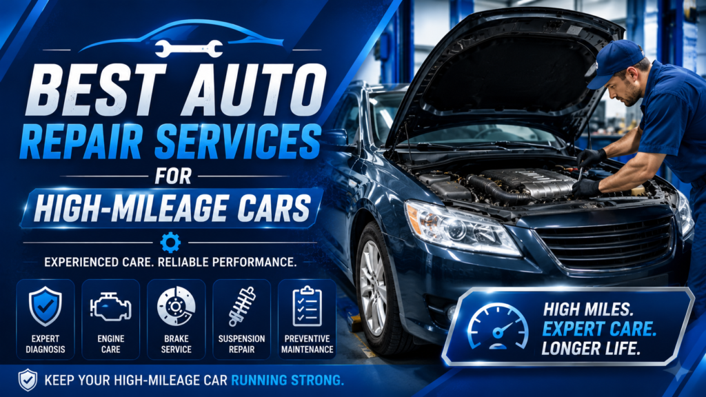 Best auto repair services for high-mileage cars, featuring a mechanic servicing a car with engine, brake, suspension, and maintenance graphics.