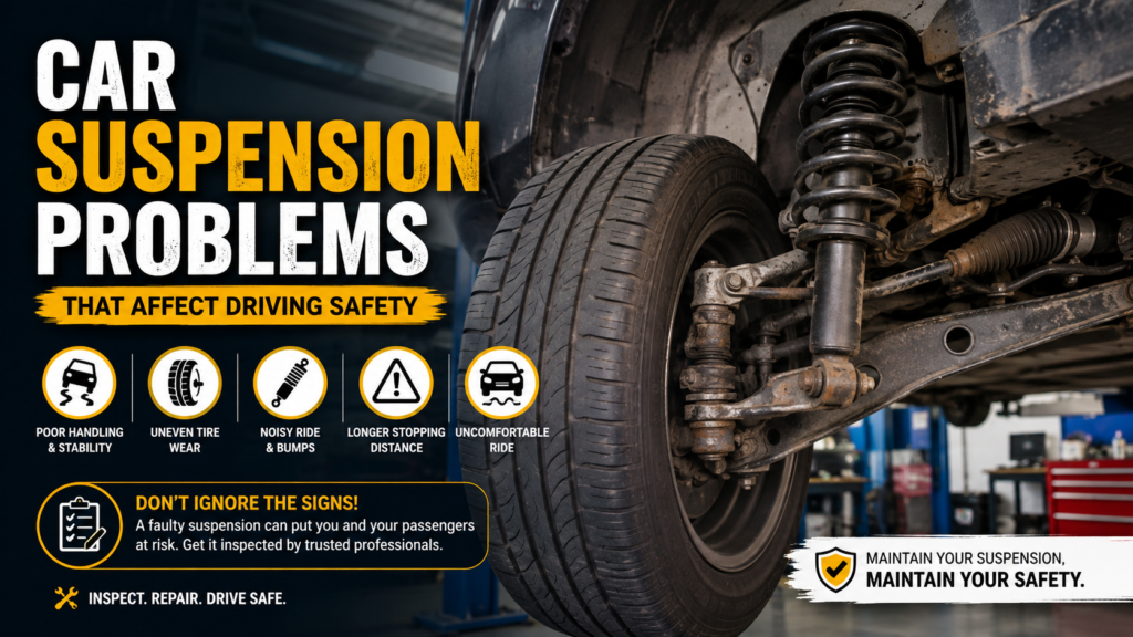 Car suspension problems affecting driving safety, including worn struts, uneven tire wear, and poor vehicle handling.