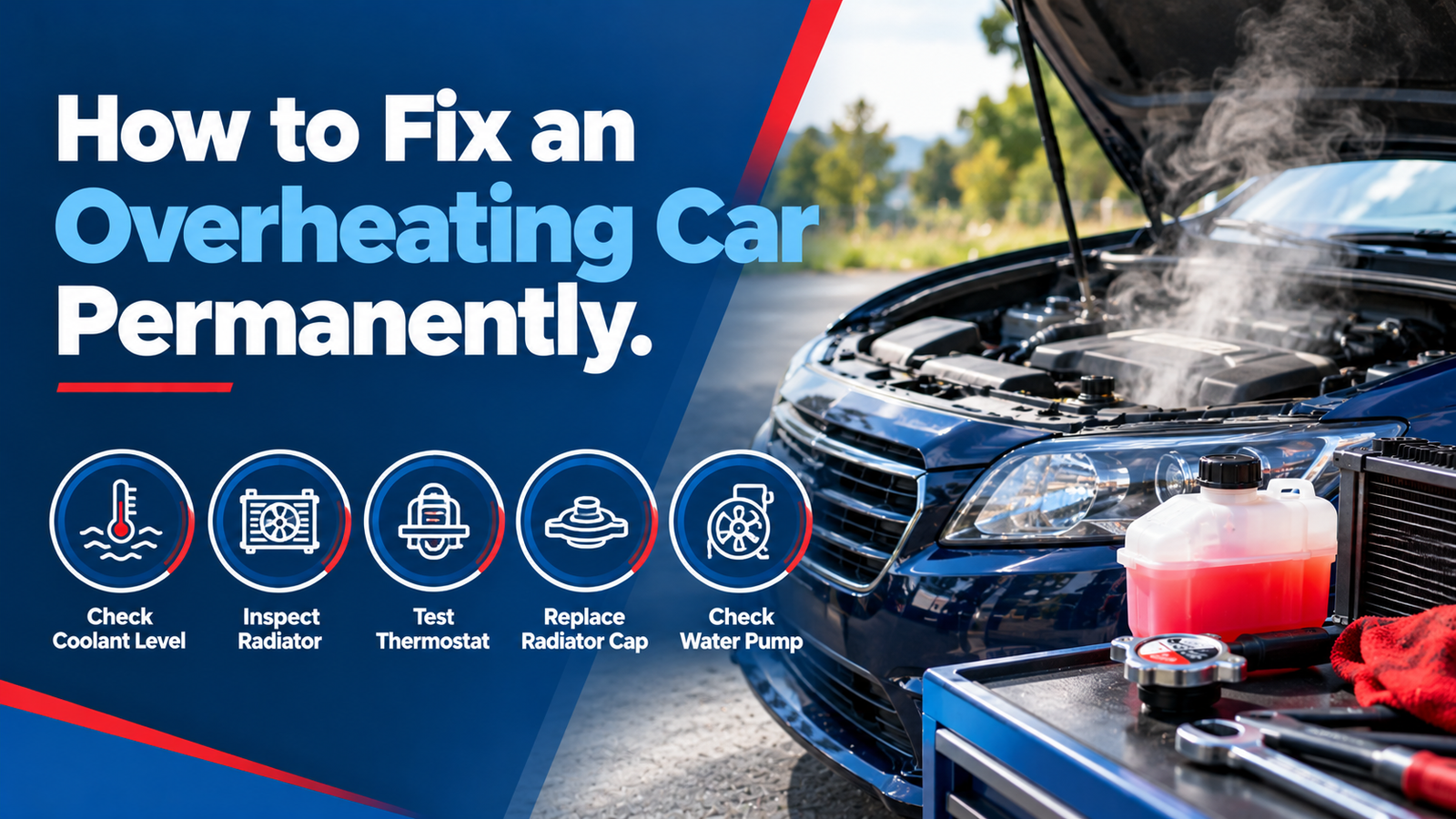Overheating car with hood open, steam rising from the engine, and key cooling system components shown for repair.
