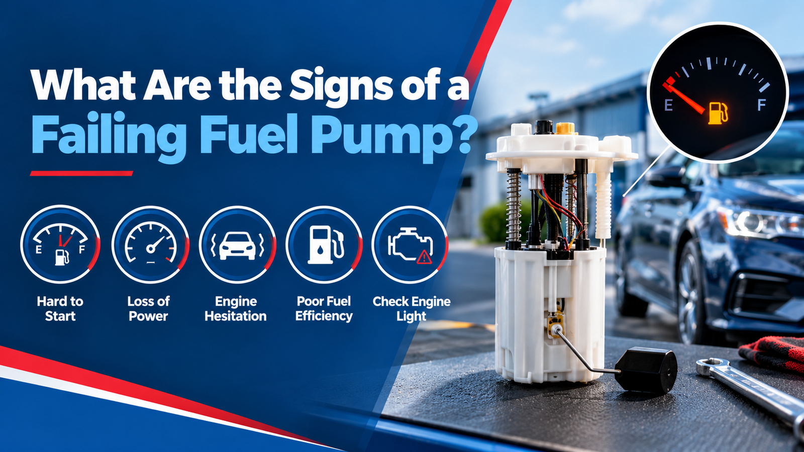 Fuel pump assembly with warning signs including hard starting, power loss, engine hesitation, poor fuel efficiency, and check engine light.