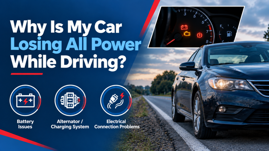 Car losing power while driving on a roadside, with dashboard warning lights and icons showing battery, alternator, and electrical issues.