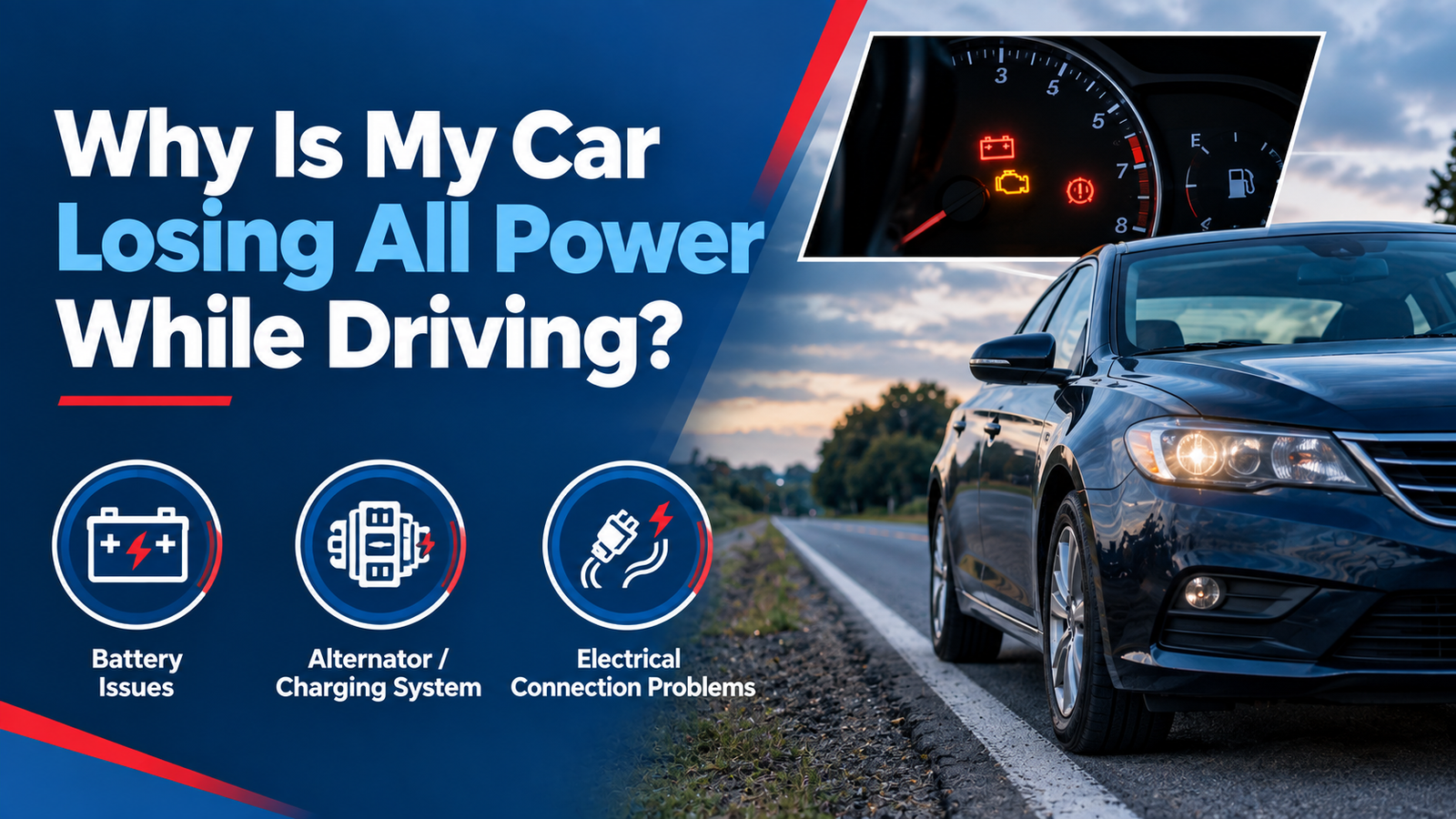 Car losing power while driving on a roadside, with dashboard warning lights and icons showing battery, alternator, and electrical issues.