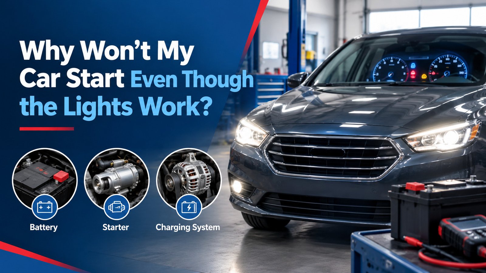 Car with working headlights that won’t start, highlighting the battery, starter, and charging system.
