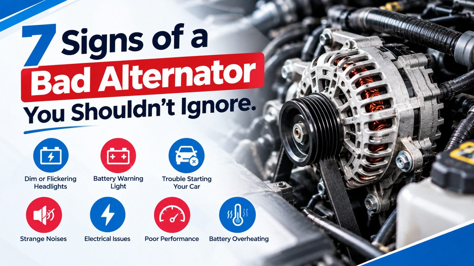 7 signs of a bad alternator, including dim headlights, battery warning lights, starting trouble, strange noises, and electrical issues.