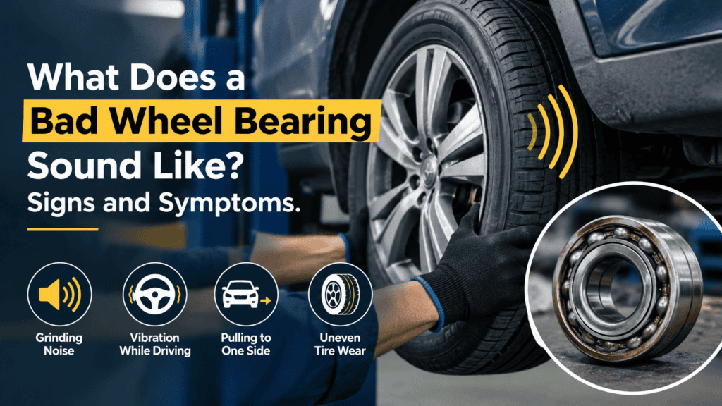 Mechanic inspecting a car wheel with a close-up of a wheel bearing, highlighting grinding noise, driving vibration, and uneven tire wear.