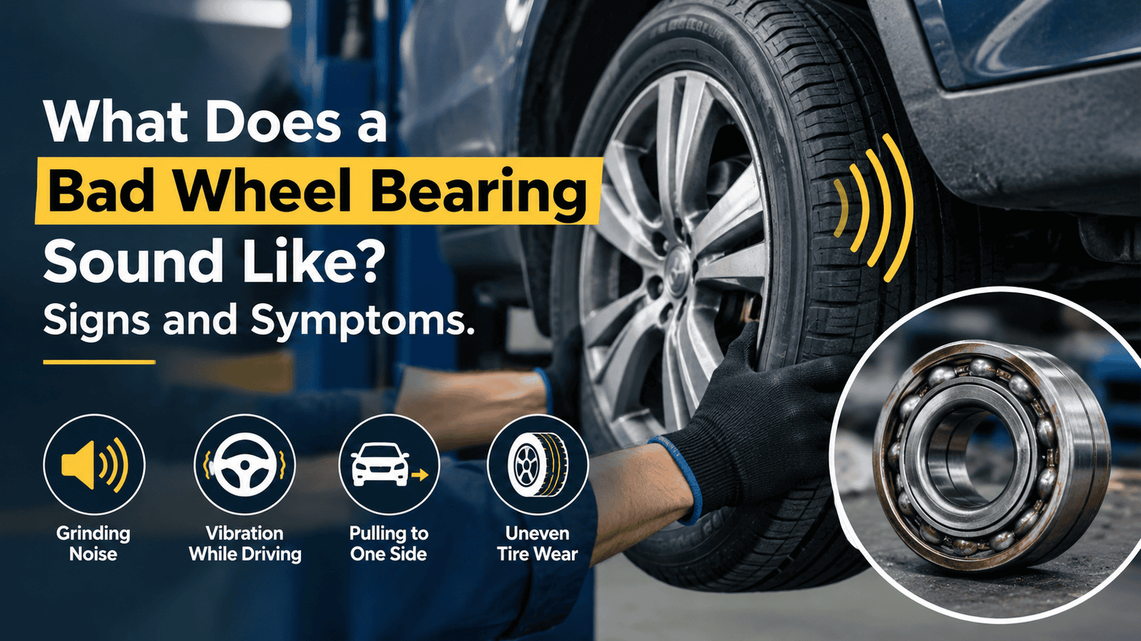 Mechanic inspecting a car wheel with a close-up of a wheel bearing, highlighting grinding noise, driving vibration, and uneven tire wear.