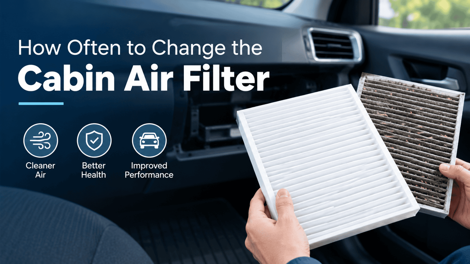 Clean and dirty cabin air filters shown inside a car to illustrate when to change the cabin air filter for cleaner air and better performance.