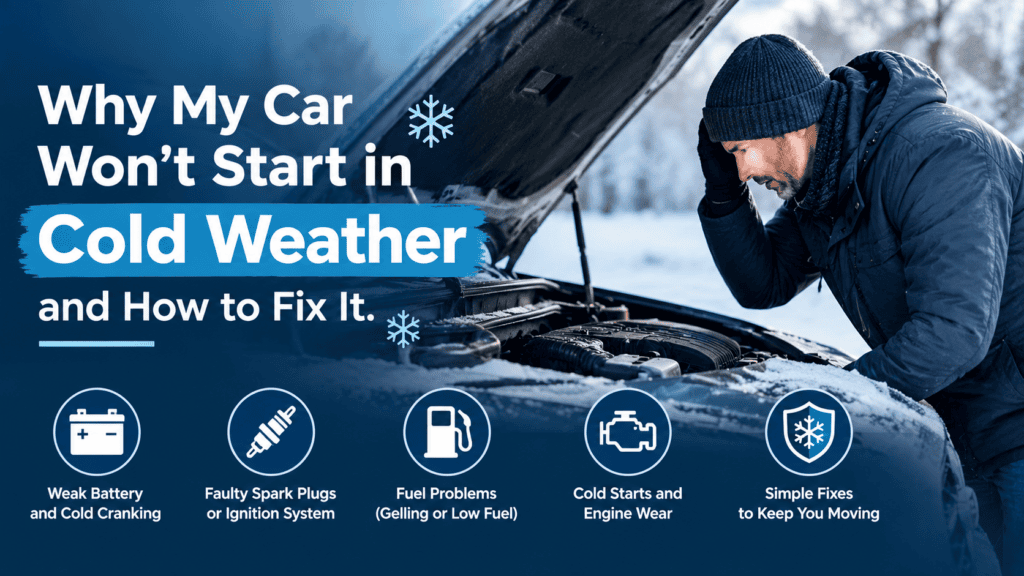 Car owner checking a frosted engine under an open hood in winter, illustrating cold-weather starting problems and common fixes.