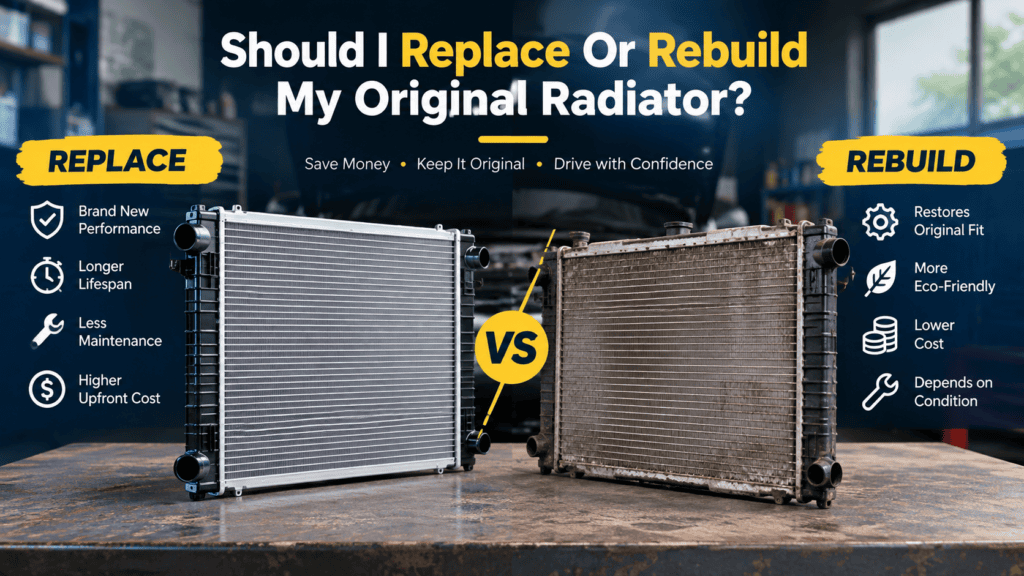 Infographic comparing replacing versus rebuilding an original car radiator, featuring a new radiator and a worn radiator side by side, with pros and cons for performance, lifespan, maintenance, cost, originality, and environmental impact.