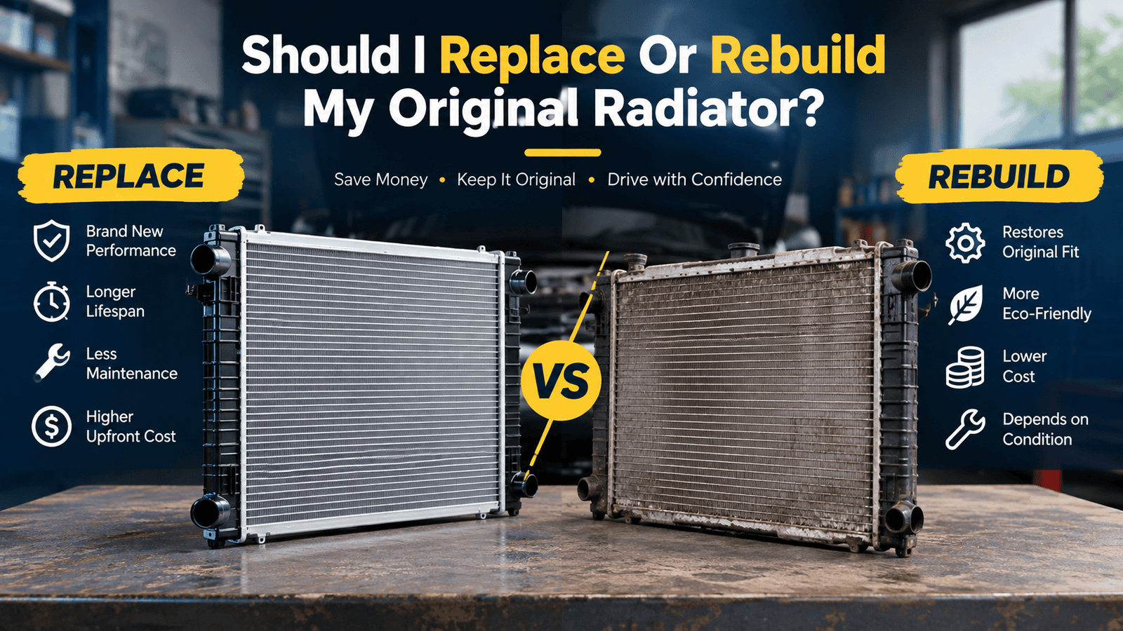 Infographic comparing replacing versus rebuilding an original car radiator, featuring a new radiator and a worn radiator side by side, with pros and cons for performance, lifespan, maintenance, cost, originality, and environmental impact.