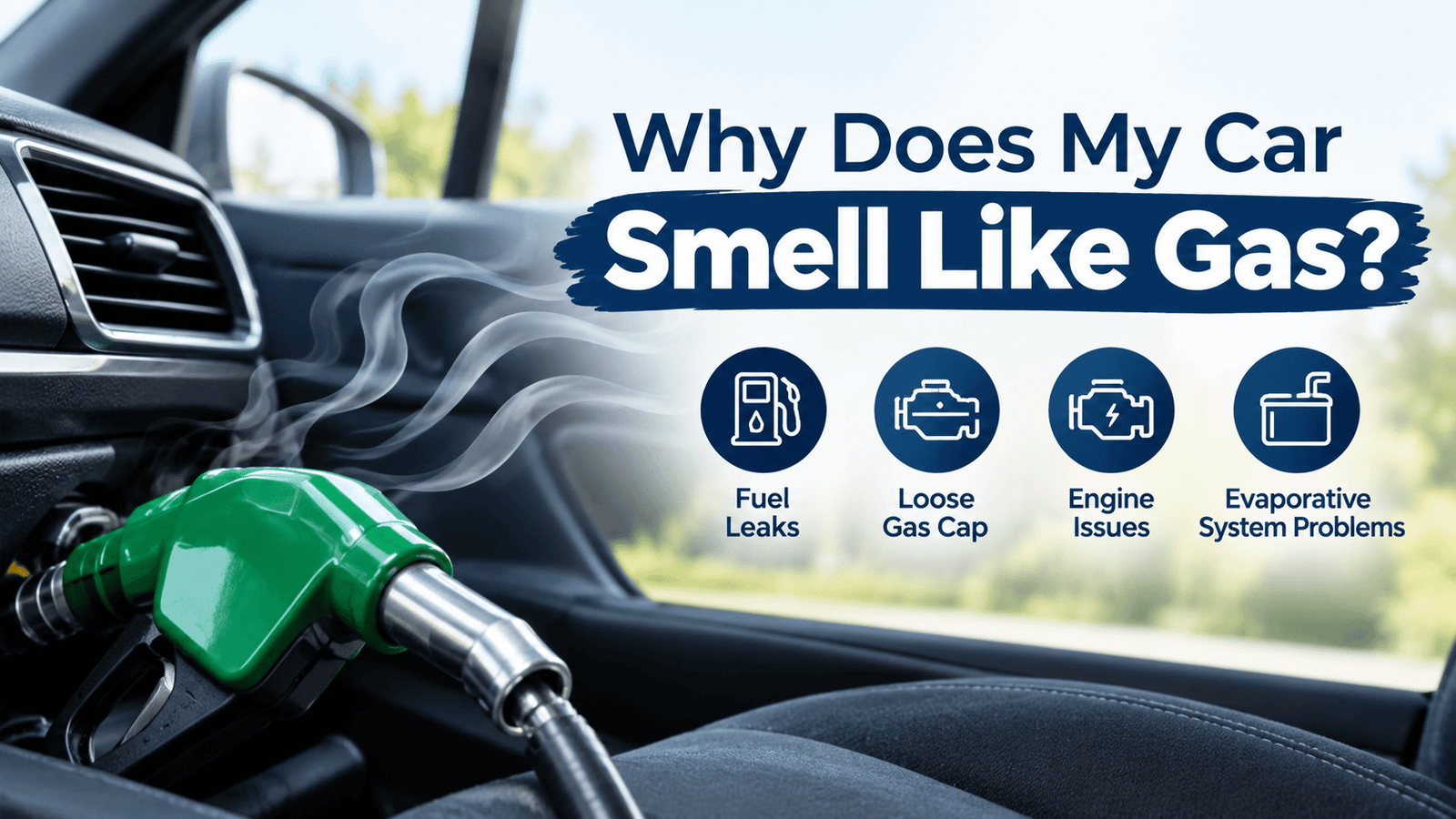 Car interior with a gas pump nozzle and vapor illustrating possible causes of a gasoline smell, including fuel leaks, a loose gas cap, and engine problems.