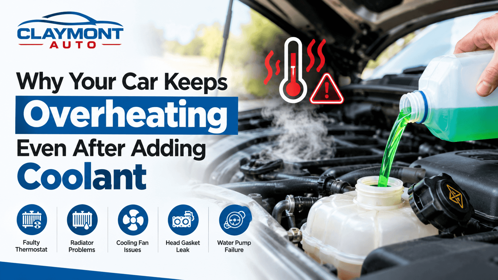 Car engine overheating after adding coolant, showing steam, coolant reservoir, and possible causes like a faulty thermostat, radiator, or water pump.